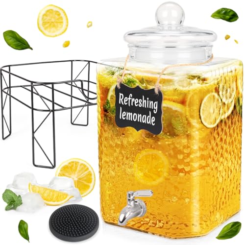 4.6 Gallon Glass Beverage Dispenser with Stand Beverage Dispensers with Stanless Steel Spigot Hanging Chalkboard Signs Drip Trays Drink Juice Dispenser with Lids for Party Wedding Kitchen
