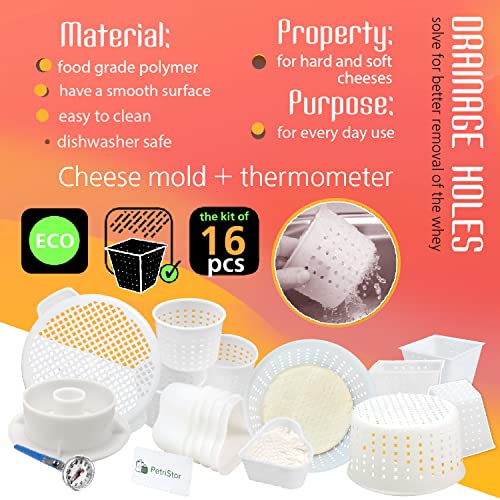 16 pcs Cheese Making Kit for Beginners - Soft Cheese Form Molds for Cheese Making + Thermometer + Hard Cheese Mold with a Follower - Cheese Making Supplies - Moldes Para Queso Fresco Casero №5