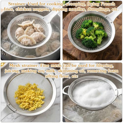 2 Pieces Spider Strainer Skimmer Spoon Set, Fine Mesh Stainless Steel Metal With HoleSieve Food Strainer Grease Spider Skimmer, Large Hole Slotted Colander Frying Spoons Set With Handle for Cooking