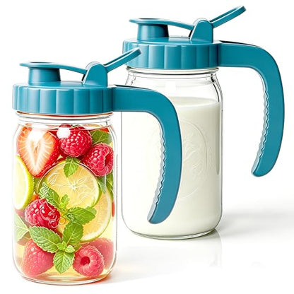 Mason Jar Pitcher With Pour Spout Lid 32 Oz Glass Breastmilk Storage 2 Pack Wide Mouth Airtight & Leakproof Water Jug With Flip Cap For Cold Brew Coffee Iced Tea Sun Tea Lemonade Juice Beverages - color: 32 OZ 2PC