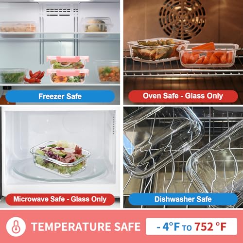 GULFLIN Glass Meal Prep Containers 12-Pack, 22oz Glass Food Storage Containers with Lids, Air-Tight, Leak-Resistant, Freezer to Microwave Safe-Pink Set - color: 22oz,12 Pack-Pink Set,Same Size