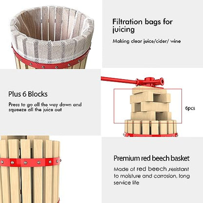 1.6 Gallon Fruit and Wine Press, Manual Cider Juice Maker with Solid Beech Wood Basket & Heavy-Duty Stand for Apples, Grapes, Berries - color: Red, size: 1.6 Gallon