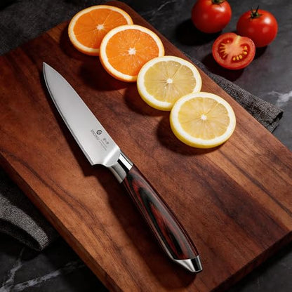 imarku Paring Knife 3.75 Inch, Japanese High Carbon Stainless Steel Fruit Knife, Ultra Sharp Small Kitchen Knife for Peeling Fruits Cutting Veggies, Ergonomic Pakkawood Handle - color: reddish-brown