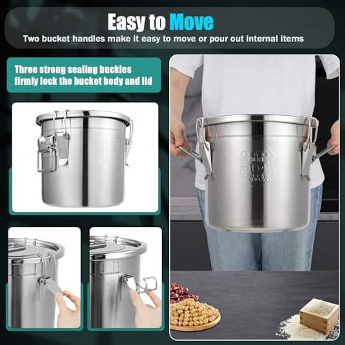 DYNAMI 304 Stainless Steel Airtight Canister for Kitchen, 3.2Gal/405oz Flour Container with Lid and Locking Clamp,10-21Lbs Metal Bucket Food Storage Container for Rice, Flour, Grain, Coffee Bean(12L)