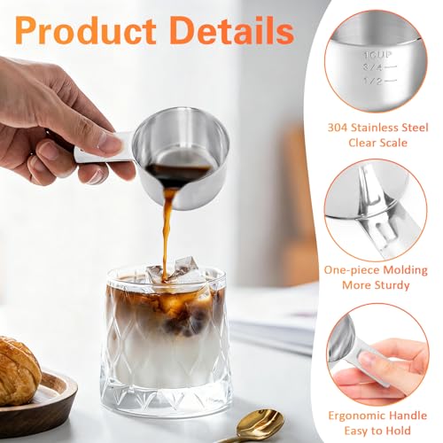 4 Pack 1 Cup Stainless Steel Measuring Cup, 250 ml | 240 cc | 8 oz Single Measuring Cups with Handle, Small Measuring Scoops Coffee Scoop for Kitchen Cooking Baking