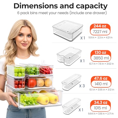 SMRCAD Clear Fridge Bins with Drain Trays - BPA-Free PET, Stackable(6 Pack) | 6 Pack: 1 Drawer + 5 lidded Bins, Helps Keep Produce Fresh, 16.3L Capacity, Hand Wash Only
