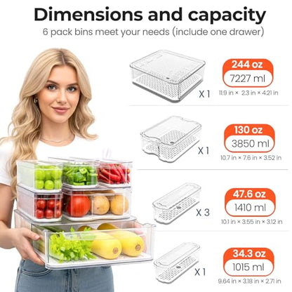 SMRCAD Clear Fridge Bins with Drain Trays - BPA-Free PET, Stackable(6 Pack) | 6 Pack: 1 Drawer + 5 lidded Bins, Helps Keep Produce Fresh, 16.3L Capacity, Hand Wash Only