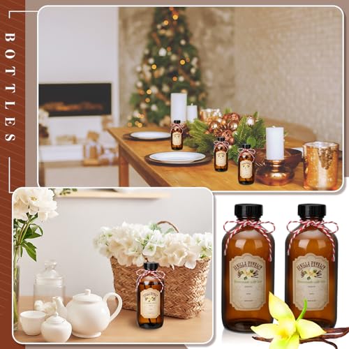 Uiifan 12 Pack Amber Glass Bottle Boston Round Bottles with Caps Refillable Vanilla Extract Jars Gift for Homemade Vanilla Extract Making, Brewing, Kombucha, Oil & Long-term Liquid Storage(8 oz) - size: 8 Ounces