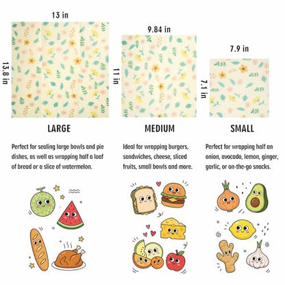 Beeswax Wraps for Food, Flowers 3 Pack (S, M, L) Reusable Food Wraps, Bread Sandwich Wrap, Zero Waste, Organic, Plastic-Free Food Storage Wrap - color: Flowers