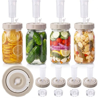 4 Sets Fermentation Kit for Mason Jar Includes Silicone Lids, 32 oz Wide Mouth Jars with Date Tracker, Glass Weights with Handle, Airlocks for Sauerkraut Kimchi Pickles Vegetable