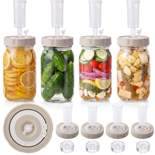 4 Sets Fermentation Kit for Mason Jar Includes Silicone Lids, 32 oz Wide Mouth Jars with Date Tracker, Glass Weights with Handle, Airlocks for Sauerkraut Kimchi Pickles Vegetable