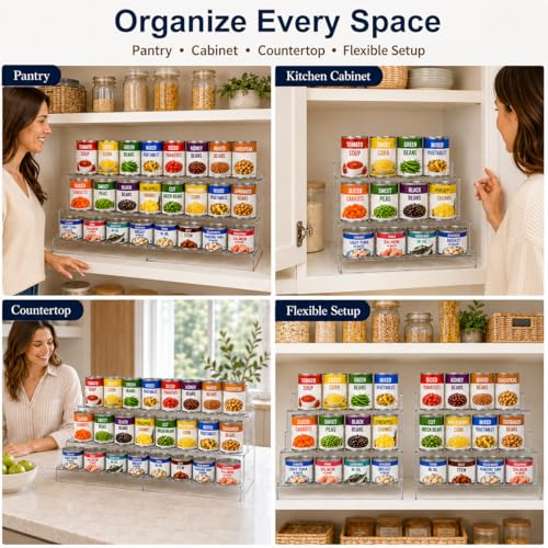 Expandable Can Rack Organizer for Pantry:3-Tier Clear Acrylic Canned Food Storage Holder, Adjustable Pantry Shelf for Kitchen Cabinet & Countertop, Holds Up to 24 Cans