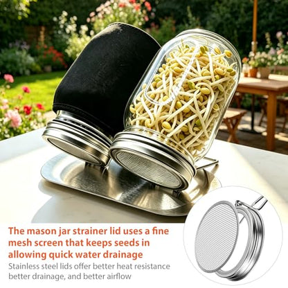4 Pack Wide Mouth Mason Jar Sprouting Lids, 316 Stainless Steel, 8 Filters | Lids with Built-In Stand, Detachable Mesh Screens, Includes 2 Drip Trays for Easy Sprouting of Alfalfa, Broccoli & More