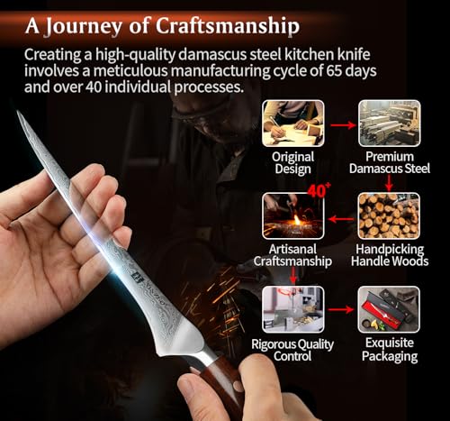 XINZUO 7 Inch Fillet Knife, Damascus Steel with 10Cr15MoV Core, Razor Sharp Boning Knife for Fish, Meat & Seafood, Rosewood Handle - size: 7"