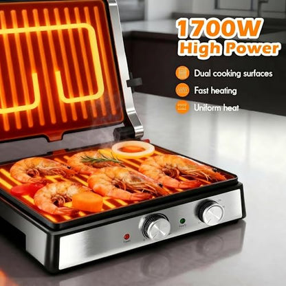 KEINVE 1700Watt Panini Press, Sandwich Maker with Temp & Time Setting, 4 Slice Large Non-Stick Versatile Grill Press, Opens 180 Degrees to Fit Steak, Fish, Vegetable and More - size: 4 Slice(Temp & Time Control)