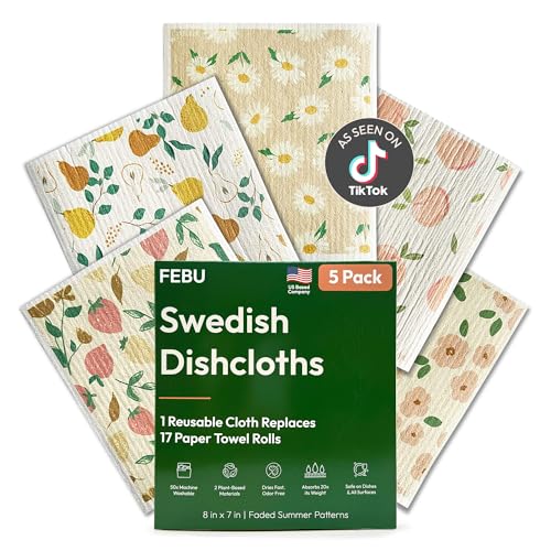 FEBU Swedish Dishcloths for Kitchen | 5 Pack Faded Summer Reusable Paper Towels Washable | Swedish Dish Towels | Non-Scratch Cellulose Sponge Cloths | No Odor, Biodegradable Cleaning Cloths - color: Faded Summer