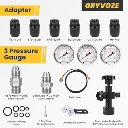 Hydraulic Nitrogen Accumulator Charging Kit, Nitrogen Fill Kit, Pressure Test System, Gas Charge Tools with 7 Adapters, 3 Gauges, 1 Gas Hose and G5/8 Male to CGA580 Male Adapter - style: 3 Gauge Charging Kit