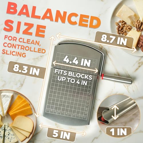 Stainless Steel Cheese Slicer for Block Cheese with Blade & Locking Design - Multipurpose Manual Cheese Cutter Board 9.92 x 8.27 x 1.18 in for Slicing Butter, Vegetables, Fruits, Snacks & Deli Foods