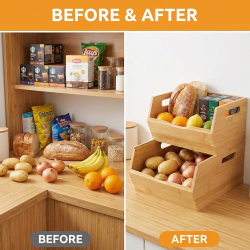 Bamboo Pantry Storage Bins , Ventilated stackable Design Potato and Onion Storage Bin Kitchen Organization Storage Basket Food Fruit Container for Cabinet, Studio, Office