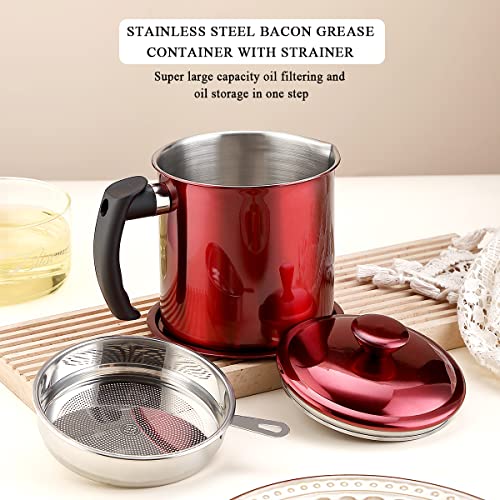 Kyraton Bacon Grease Container With Strainer, 48 oz Metal Shining Red Stainless Steel Oil Container, Pot Fat Storage With Lid, Easy Grip Handle Suitable For Storing Frying Oil And Cooking Grease - color: 4.Metal Red