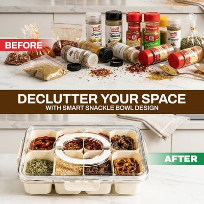 Four Flowers Snackle Box Container, 8 Compartment Divided Serving Tray with Lid and Handle, Portable Snack Box for Fruit, Nuts and spices, Crystal Clear Snack Organizer for Travel and Parties