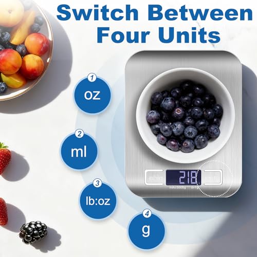 Food Scale, Digital Kitchen Scale with 1g Accuracy, 11lb/22lb Capacity & Backlit LCD, Stainless Steel Tare Scale for Baking, Cooking and Meal Prep, 5.5x7x0.6 Inches (Batteries Included)