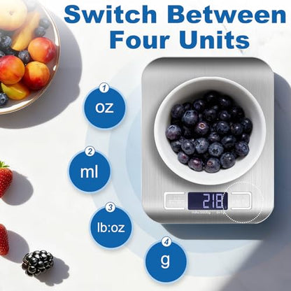 Food Scale, Digital Kitchen Scale with 1g Accuracy, 11lb/22lb Capacity & Backlit LCD, Stainless Steel Tare Scale for Baking, Cooking and Meal Prep, 5.5x7x0.6 Inches (Batteries Included)