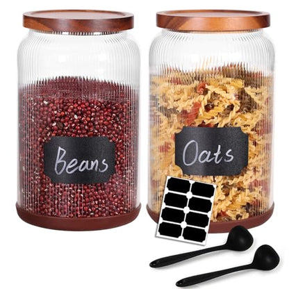 SAIOOL Striped Borosilicate Glass Airtight Canisters, 1 Gallon | 2-Pack, Big Mouth Large Capacity, Acacia Wood Lid, Food Storage Jars, For Flour, Pasta, Pantry Organization - size: 1 Gallon (Striped 2 pack)