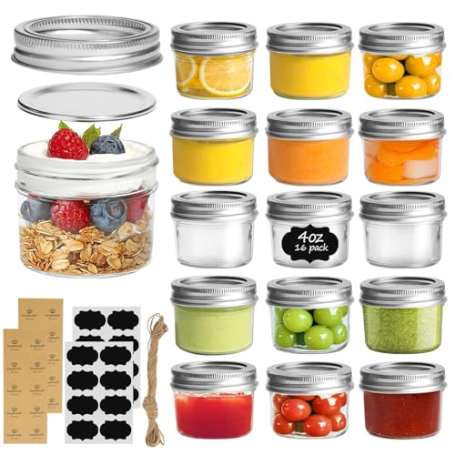 ComSaf 4 oz Mini Mason Jars Bulk Set, 16 Pack Glass Jars with Lids | BPA-Free Materials, Spice Rack, Small Jam, Honey Samples, Wedding Favors, DIY Candles, Labels and Twine - size: 4oz*16 regular mouth