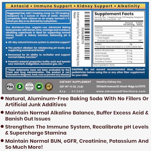 Advanced Baking Soda Powder: Organic Use Aluminum Free Baking Soda w/Superfoods to Support Kidneys, Stomach Acid, Alkalinity, Immune, Antacid, Health & Wellness, Organic Use
