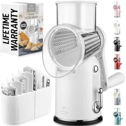 Zulay Kitchen Rotary Cheese Grater 5 Blade Cheese Shredder - Manual Hand Crank Cheese Grater With Reinforced Suction & 5 Interchangeable Drums - Easy to Use, Vegetable Chopper Round Mandoline Slicer - color: Classic | White