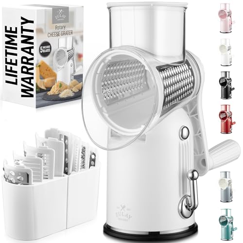 Zulay Kitchen Rotary Cheese Grater 5 Blade Cheese Shredder - Manual Hand Crank Cheese Grater With Reinforced Suction & 5 Interchangeable Drums - Easy to Use, Vegetable Chopper Round Mandoline Slicer - color: Classic | White