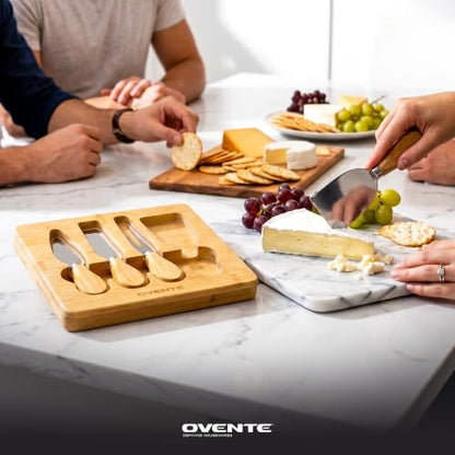 OVENTE 4 Piece Cheese Knife Set with Bamboo Handle & Wooden Case, Complete Stainless Steel Charcuterie Knives, Ideal Cheese Slicer, Spread & Butter Cutter for Party and Holiday Gift, Brown KCS5974B