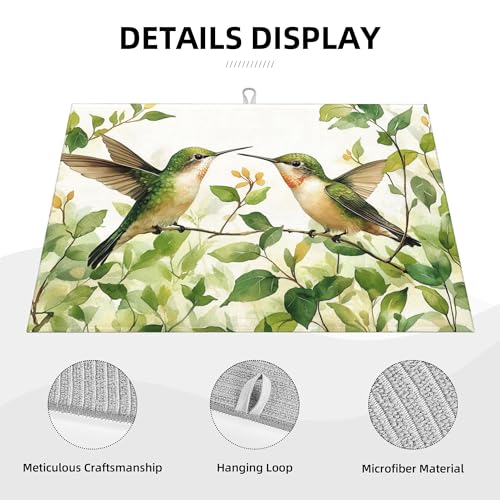 Green Hummingbird Dish Drying Mat for Kitchen Counter Microfiber Super Absorbent Non-Slip Dish Drying Pad for Countertops Dishes Utensils Stylish Quick-Dry Machine Washable 18x24 Inch - color: Green Plants Hummingbird