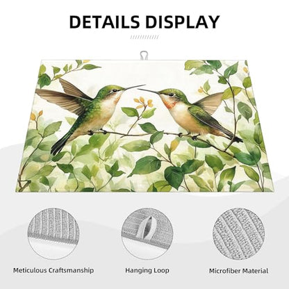 Green Hummingbird Dish Drying Mat for Kitchen Counter Microfiber Super Absorbent Non-Slip Dish Drying Pad for Countertops Dishes Utensils Stylish Quick-Dry Machine Washable 18x24 Inch - color: Green Plants Hummingbird