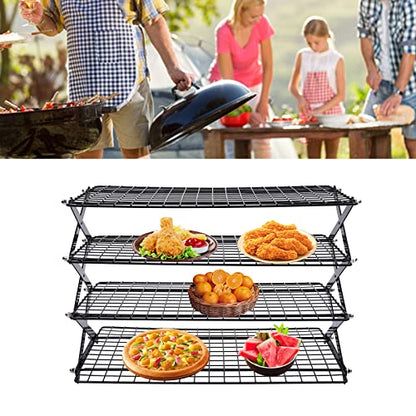 4-Tier Collapsible Cooling Rack, Adjustable Stackable Roasting Cooking Drying Wire, Barbecue Storage Display Shelf for Cookies Baking Picnic Party