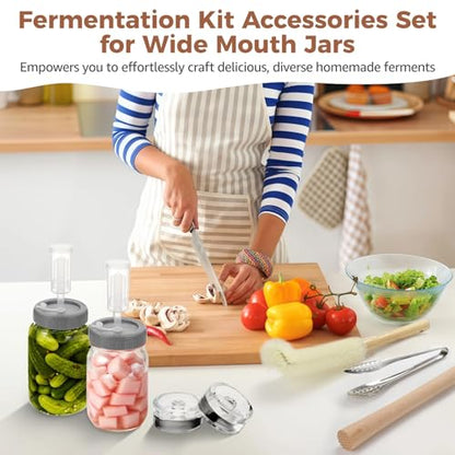 Fermentation Kit Accessories Set for Wide Mouth Jars, 4 Pcs Plastic Lids with Airlocks, 4 Clear Glass Weights, Brush, Wooden Blending Stick, 7 in Stainless Tongs for Home Fermenting