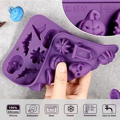 Webake Halloween Candy Chocolate Molds 3D, 18-Cavity Halloween Silicone Molds Shaped with Skull Pumpkin Witch Hat Bat Spider Tombstone for Baking Chocolate Jelly Gummy Dessert (2 PACK) - style: Halloween