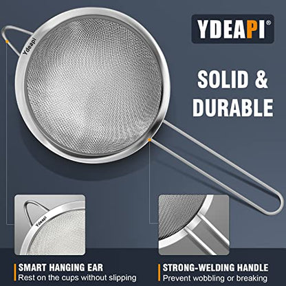 Ydeapi Fine Mesh Strainer, Stainless Steel Strainers with Sturdy Handle, Set of 3 Metal Sieve for Kitchen Food, Rice, Quinoa, Tea - 7", 4.6", 2.7" - size: 7" + 4.6" + 2.7"