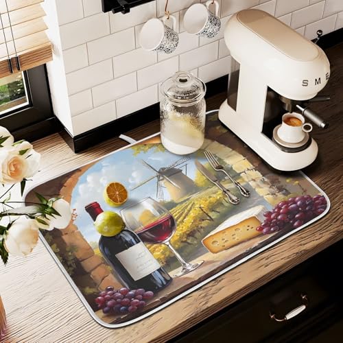 Red Wine Glasses with Grape Cheese Dish Drying Mats for Kitchen Counter Absorbent Microfiber Dish Drying Matt 16 x 18 Inch Draining Reusable Rack Pad - size: 16x18in