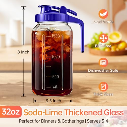 32oz Glass Pitcher with Lid & Spout – 1 Quart Mason Jars, Airtight & Leakproof Breastmilk Pitcher for Cold Brew Coffee, Sun Tea, Water, Juice – Wide Mouth, Fridge Safe - color: Blue, size: 32 Ounces