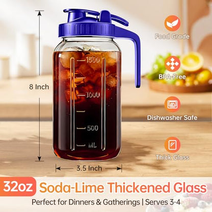 32oz Glass Pitcher with Lid & Spout – 1 Quart Mason Jars, Airtight & Leakproof Breastmilk Pitcher for Cold Brew Coffee, Sun Tea, Water, Juice – Wide Mouth, Fridge Safe - color: Blue, size: 32 Ounces
