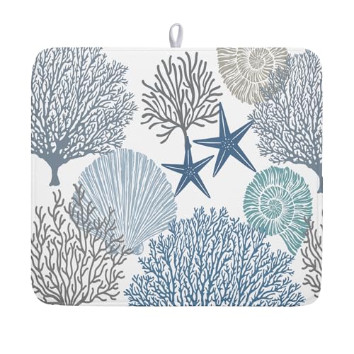 Summer Coastal Dish Drying Mats for Kitchen Counter 16x18 Inch Sea Shells Starfish Drying Mat High Absorbent Reversible Kitchen Mat Blue Coral Ocean Themed Dishes Pad for Countertop Tableware Decor - color: Summer Coastal Blue Coral, size: 16" x 18"