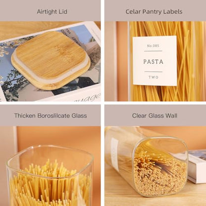 5 Pack Square Glass Pantry Storage Containers with 132 Kitchen Food Pantry Labels - Clear Glass Pantry Jars with Airtight Wood Bamboo Lids - Glass Canisters for Pasta, Cereal, Coffee, Flour, Sugar - size: 5pack