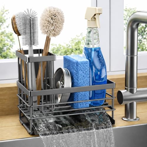 Cisily Sink Caddy Sponge Holder for Kitchen with Brush Holder and Stainless Steel Self Drain Tray, Rustproof Kitchen Sink Organizer for Sponge, Soap Dispenser Storage Accessories - color: Gray, size: 8.26''