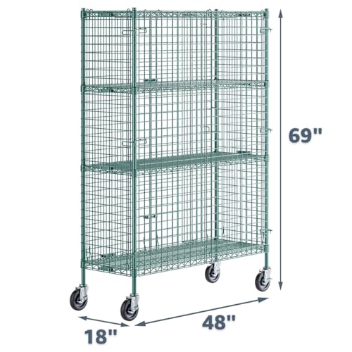18" x 48" x 69" NSF Heavy Duty Mobile Green Epoxy Wire Shelves with Security Cage Kit, 4 Tier Metal Commercial Storage Rack with Wheels - color: Green, size: 18" x 48" x 69" with Wheels