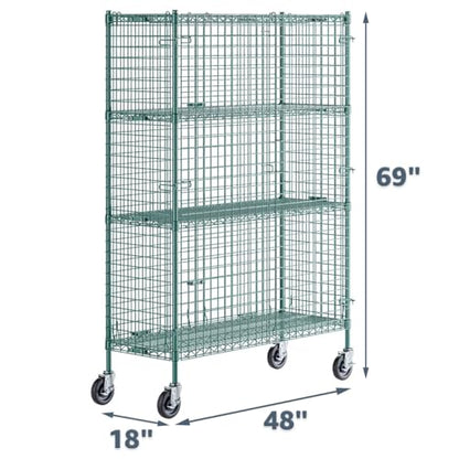 18" x 48" x 69" NSF Heavy Duty Mobile Green Epoxy Wire Shelves with Security Cage Kit, 4 Tier Metal Commercial Storage Rack with Wheels - color: Green, size: 18" x 48" x 69" with Wheels