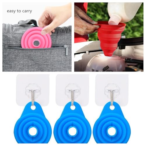 Silicone Collapsible Funnel Set 3 Pack Food Grade Funnels for Filling Bottles, Liquid Powder Transfer Kitchen Funnel with Wall Hooks (3* funnels,wall Hooks* 3)