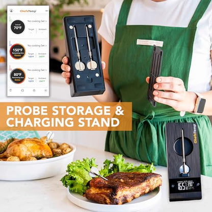 ChefsTemp ProTemp 2 Plus Needle Probe Wireless Meat Thermometer with Temperature Controller Unlimited Range Bluetooth & WiFi Enabled Smart Cooking Smoker Grilling BBQ Oven Kitchen (Stand + 1 Probe)