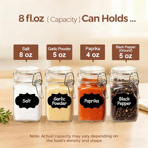 ComSaf Square Small 8 oz Glass Spice Jars with Airtight Lids 12 Pack Pantry | Jams herbs, Overnight oats, Pickling favors, Labels included, Funnel included, Pantry organization, Sourdough pickling - size: 8oz*12